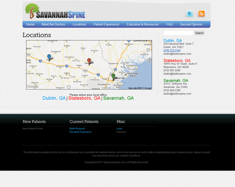 The Savannah Spine locations page, showing three available locations