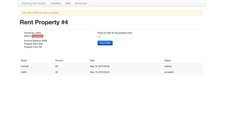 The approval status screen for a person's bid on a desk.