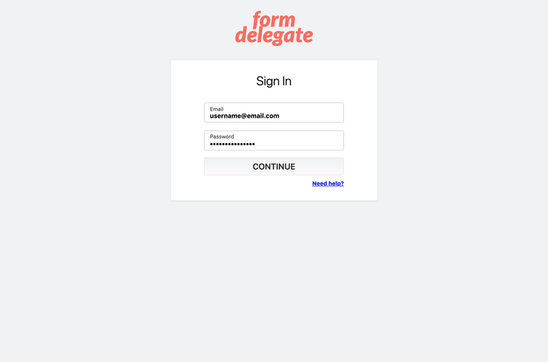 A login screen for the alpha version of Form Delegate